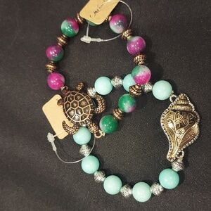 NWT Gemstone Bracelet Set with Turtle and Seashell Charms